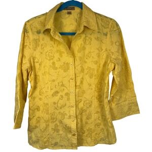 Peck & Peck Weekend Sheer Yellow Floral  3/4 Sleeve Button Top Women Size 10